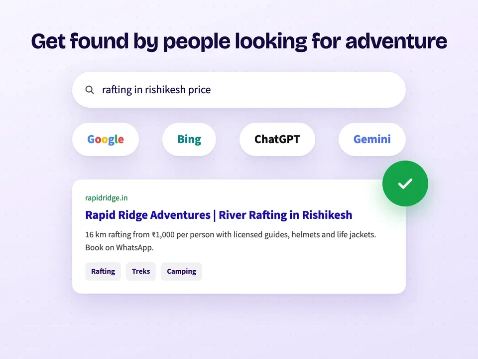 An adventure tour company showing up for "rafting in rishikesh price" on Google, Bing, ChatGPT and Gemini