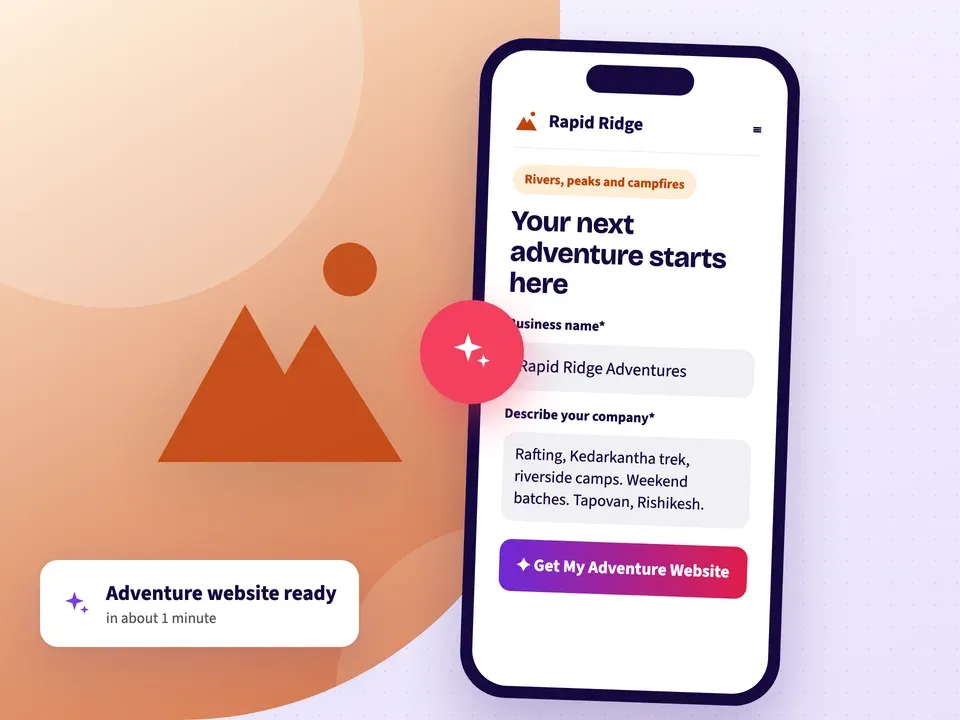 AI website builder making an adventure tour website from the company name and its rafting, treks and riverside camps