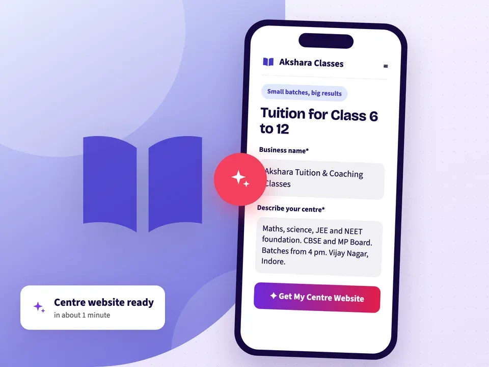 AI website builder making a coaching centre website from the centre name, its classes and subjects