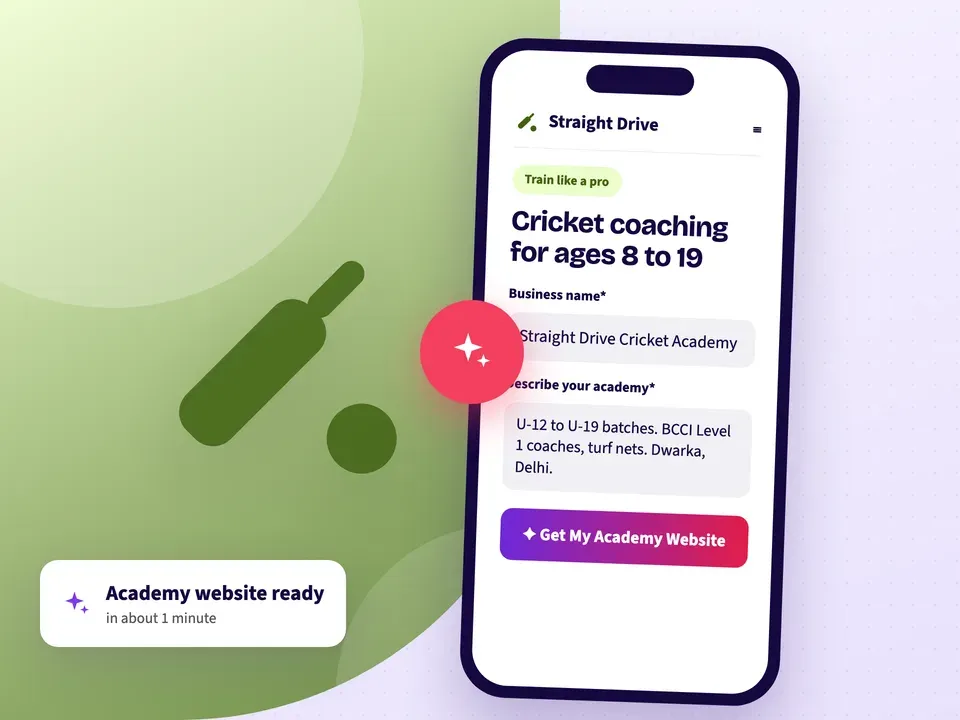 AI website builder making a cricket academy website from the academy name, its age groups and ground