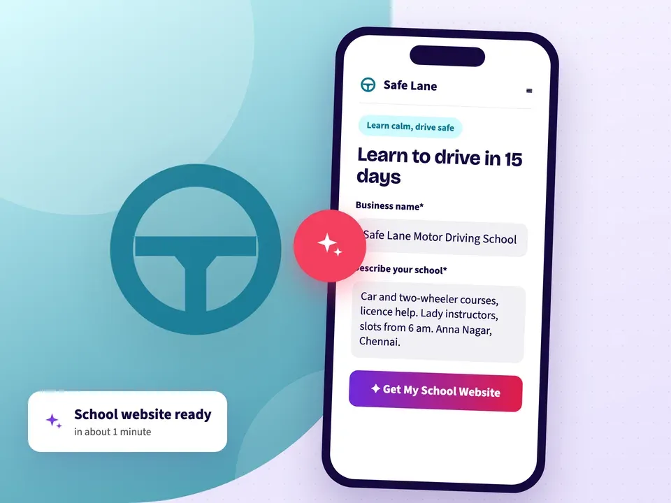 AI website builder making a driving school website from the school name, its courses and area