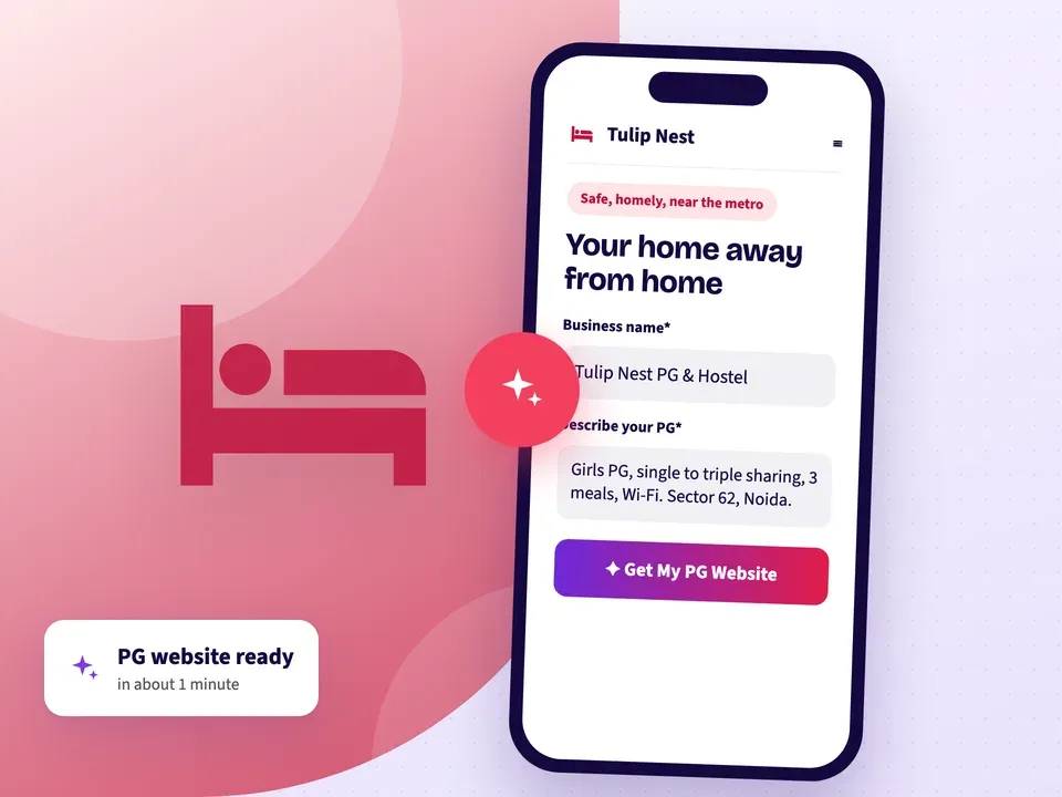 AI website builder making a girls PG website from the PG name, its sharing options, meals and Wi-Fi