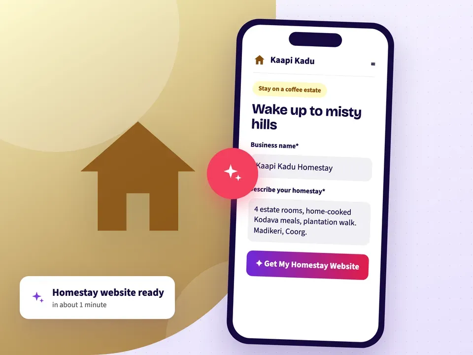 AI website builder making a homestay website from the homestay name, its estate rooms and home-cooked meals
