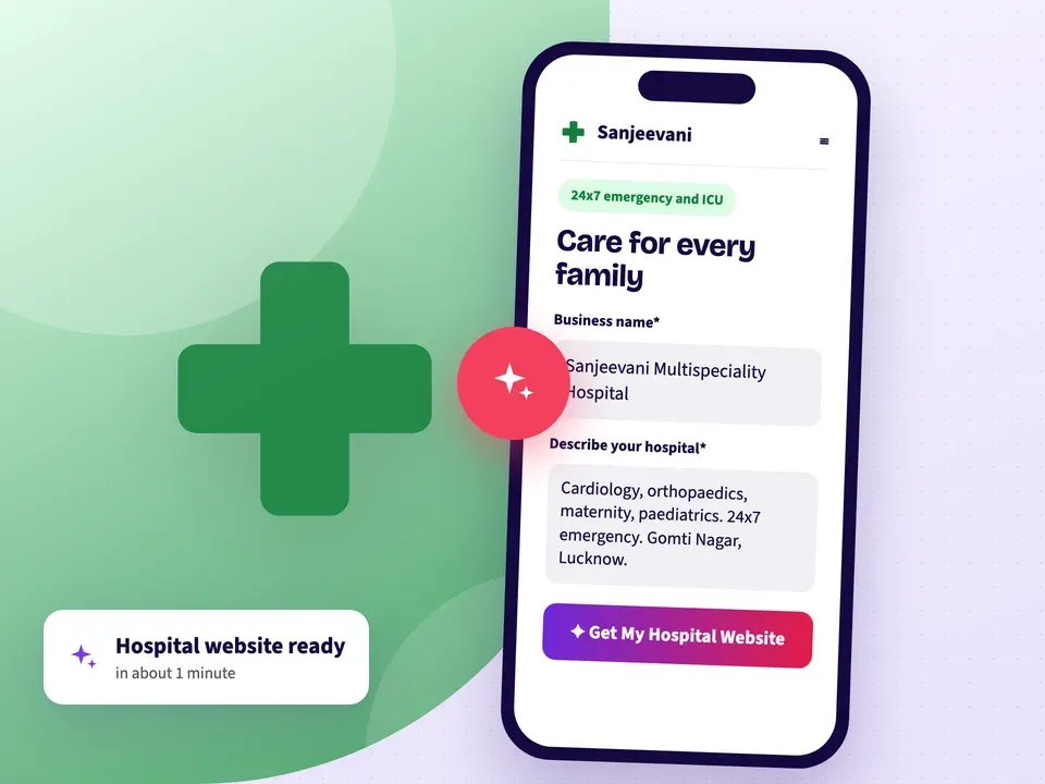 AI website builder making a multispeciality hospital website from the hospital name, departments and area