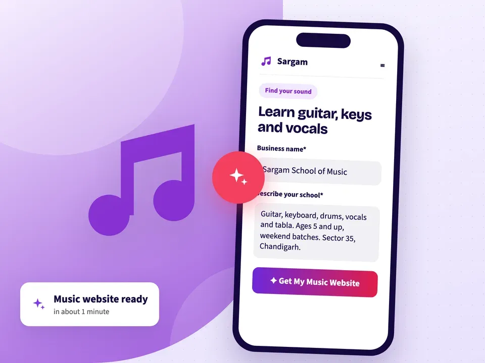 AI website builder making a music school website from the school name and the instruments it teaches