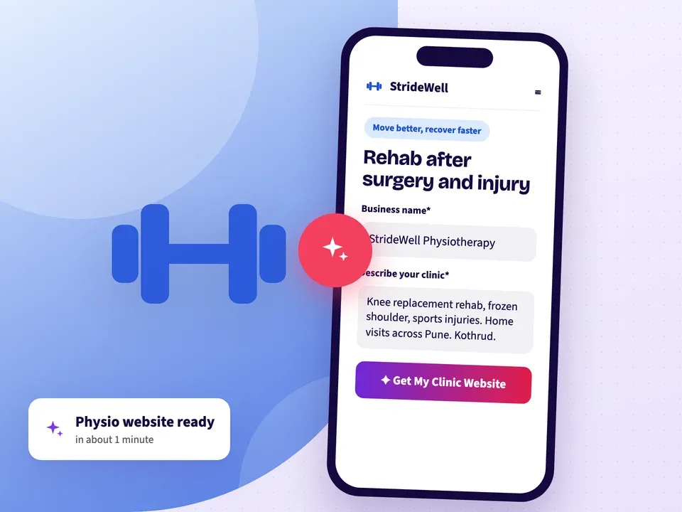 AI website builder making a physiotherapy clinic website from the clinic name, rehab programmes and area