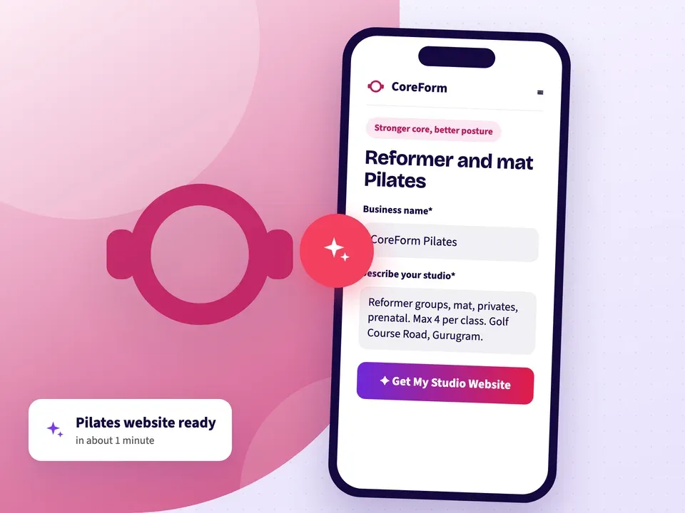 AI website builder making a Pilates studio website from the studio name, its class types and area