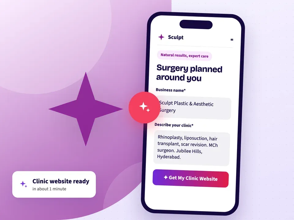 AI website builder making a plastic surgery clinic website from the clinic name, procedures and area