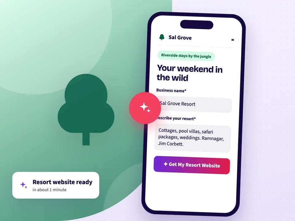 AI website builder making a resort website from the resort name, its cottages, pool villas and safari packages