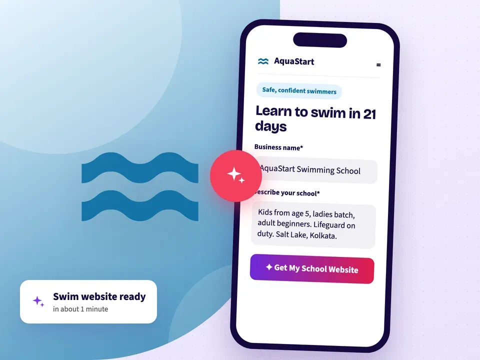 AI website builder making a swimming school website from the school name, its batches and pool area