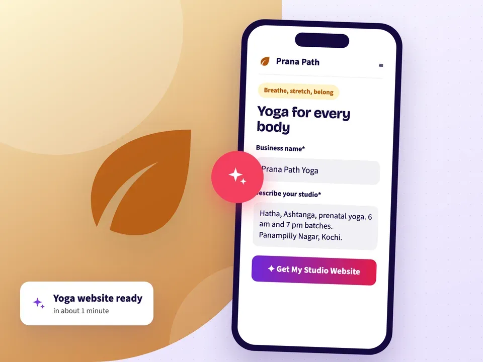 AI website builder making a yoga studio website from the studio name, the styles it teaches and its area
