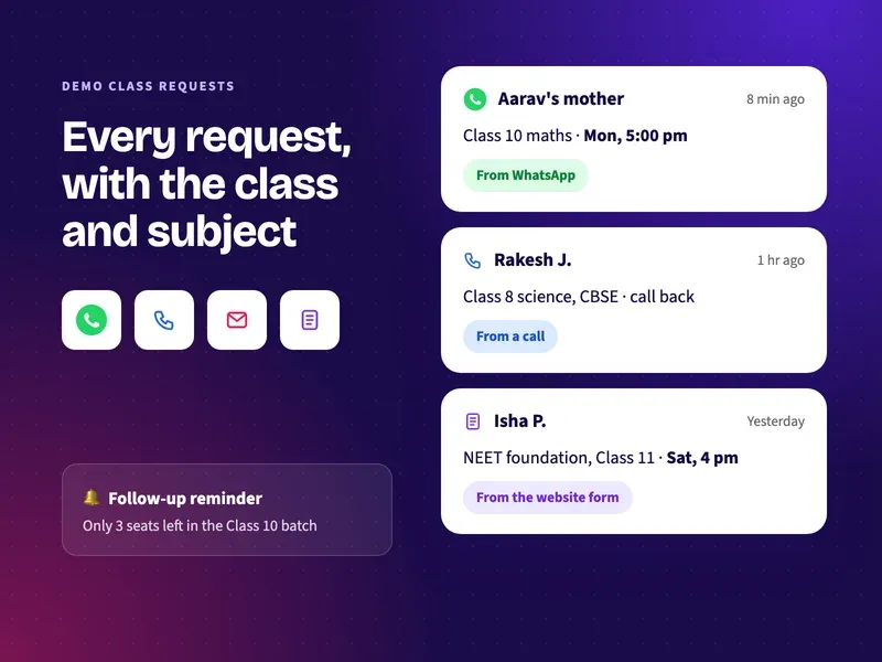 Coaching centre demo class requests for Class 10 maths, Class 8 science and NEET foundation from WhatsApp, calls and forms in one list
