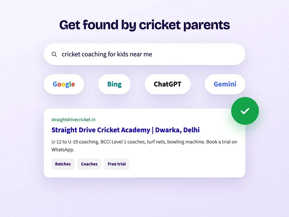 A cricket academy showing up for "cricket coaching for kids near me" on Google, Bing, ChatGPT and Gemini