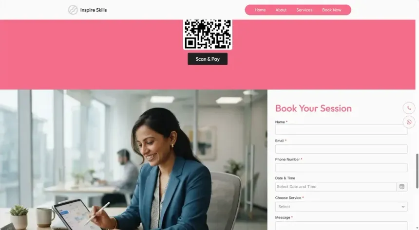 Desktop view of a business website with UPI Scan and Pay and a booking form