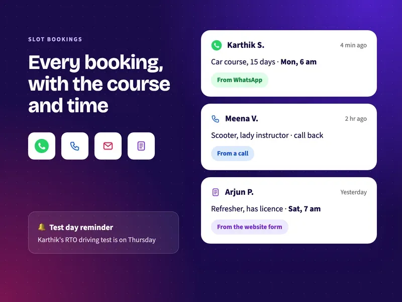 Driving school bookings for a car course, a two-wheeler course and a refresher class from WhatsApp, calls and forms in one list