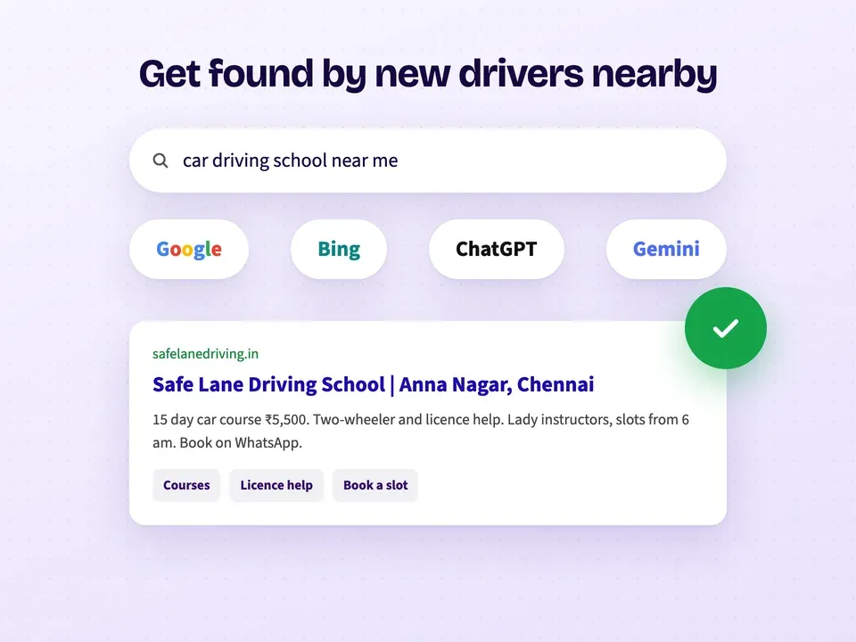 A driving school showing up for "car driving school near me" on Google, Bing, ChatGPT and Gemini