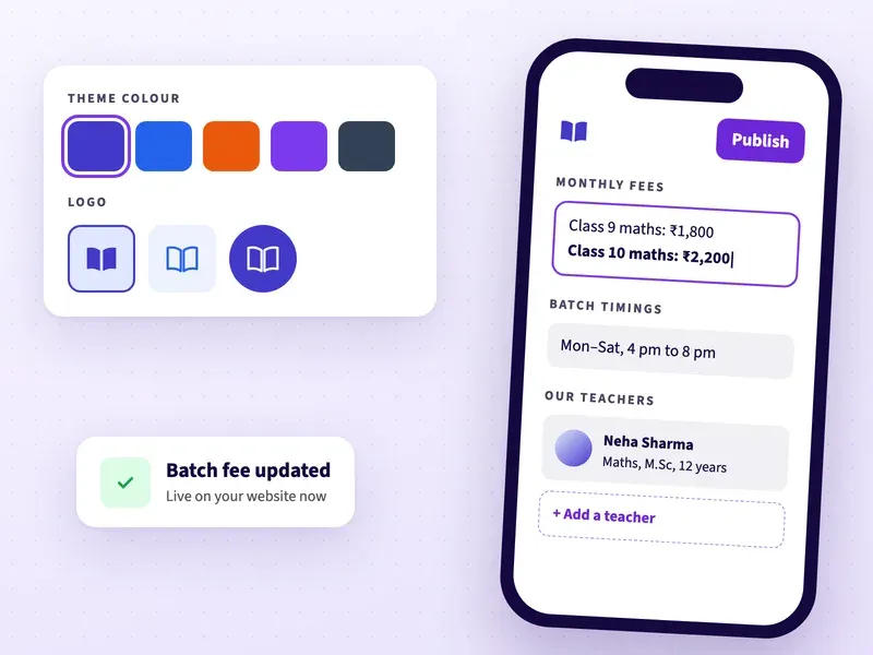 Editing coaching centre batch fees, timings and teachers on a phone, with theme colours and logo choices