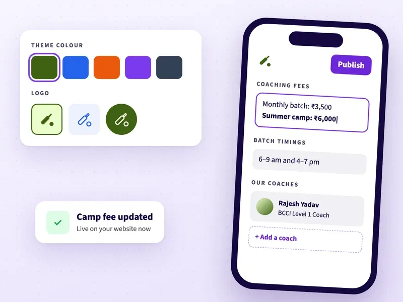 Editing cricket coaching fees, batch timings and coaches on a phone, with theme colours and logo choices