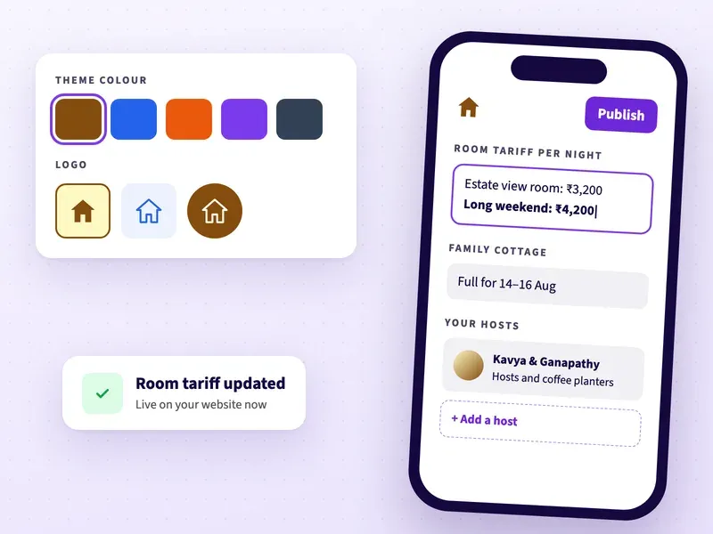 Editing homestay room tariffs per night, family cottage availability and hosts on a phone, with theme colours and logo choices