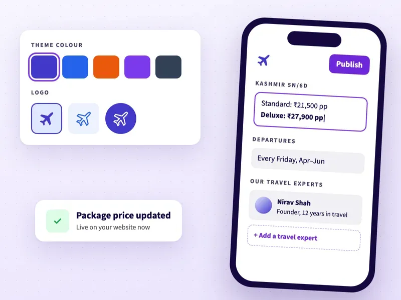 Editing Kashmir tour package prices, departure dates and travel experts on a phone, with theme colours and logo choices
