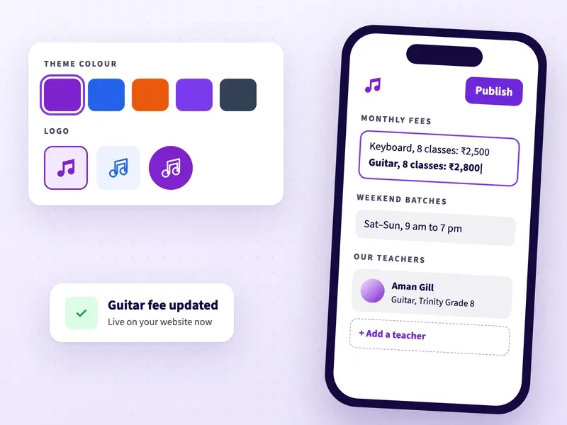Editing music school fees, weekend batches and teachers on a phone, with theme colours and logo choices
