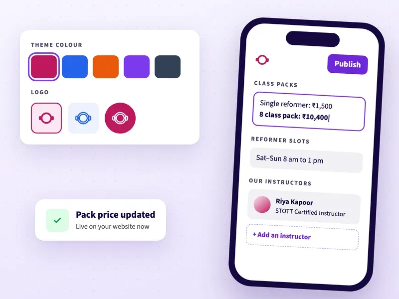Editing Pilates class pack prices, reformer slots and instructors on a phone, with theme colours and logo choices