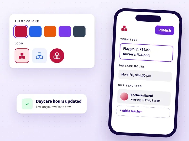 Editing preschool fees, daycare hours and teachers on a phone, with theme colours and logo choices