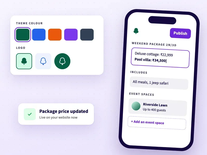 Editing resort weekend package prices, what the package includes and event spaces on a phone, with theme colours and logo choices