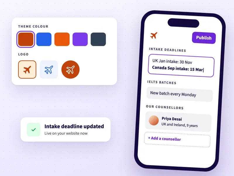 Editing study abroad intake deadlines, IELTS batch dates and counsellors on a phone, with theme colours and logo choices