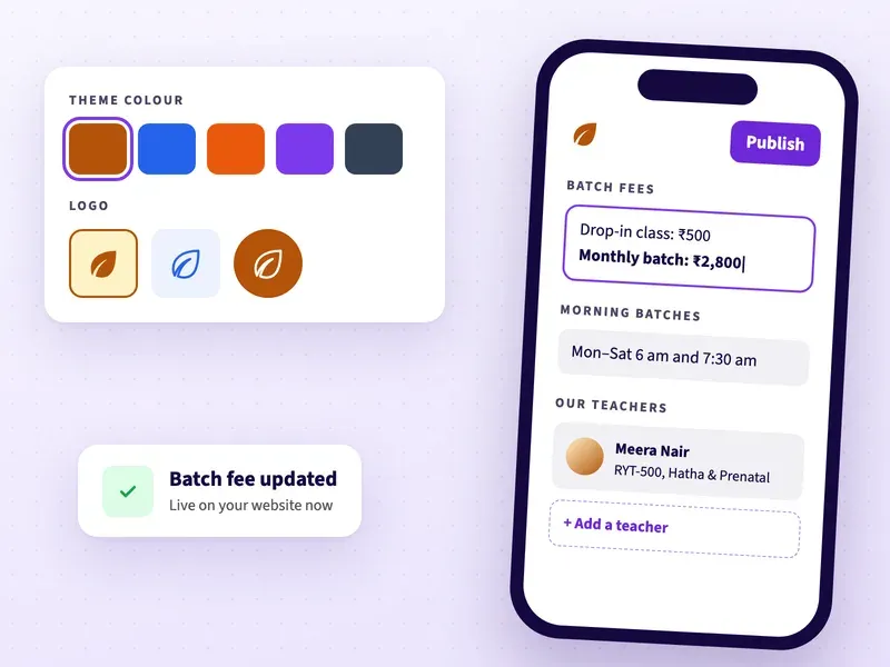 Editing yoga batch fees, class timings and teachers on a phone, with theme colours and logo choices
