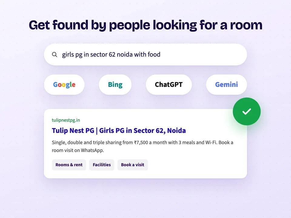 A girls PG showing up for "girls pg in sector 62 noida with food" on Google, Bing, ChatGPT and Gemini