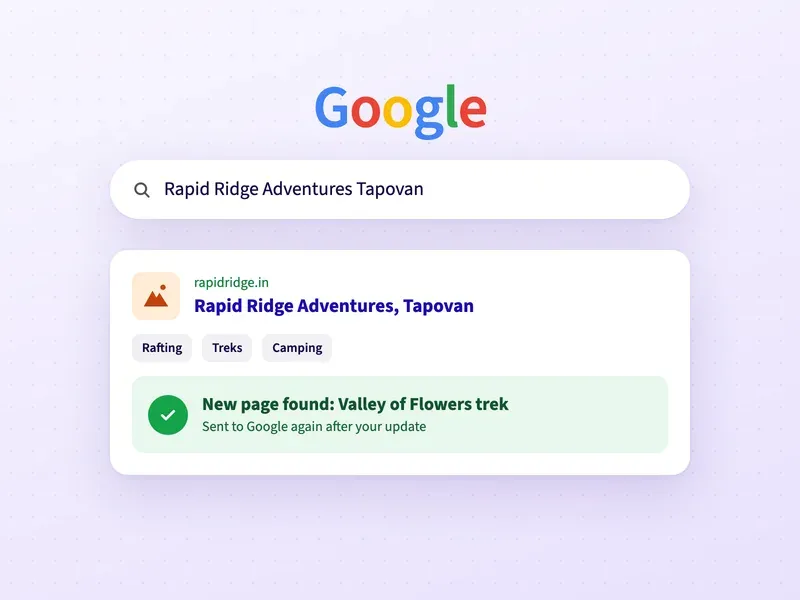 A Google search for an adventure tour company, with a check that its new Valley of Flowers trek page is on Google
