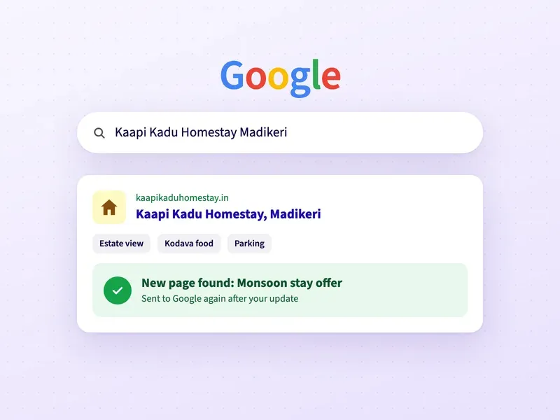 A Google search for a homestay, with a check that its new monsoon stay offer page is on Google