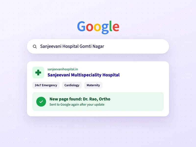 A Google search for a hospital, with a check that a new doctor's page is on Google