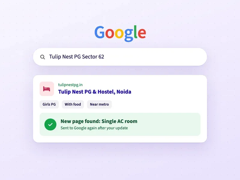 A Google search for a PG, with a check that its new single AC room page is on Google