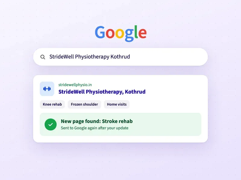 A Google search for a physiotherapy clinic, with a check that a new rehab page is on Google