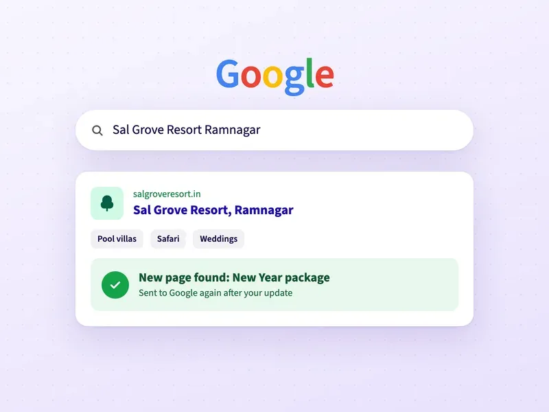 A Google search for a resort, with a check that its new New Year package page is on Google