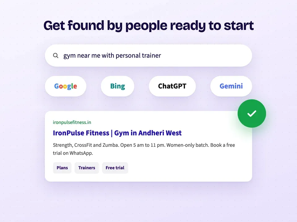 A gym showing up for "gym near me with personal trainer" on Google, Bing, ChatGPT and Gemini