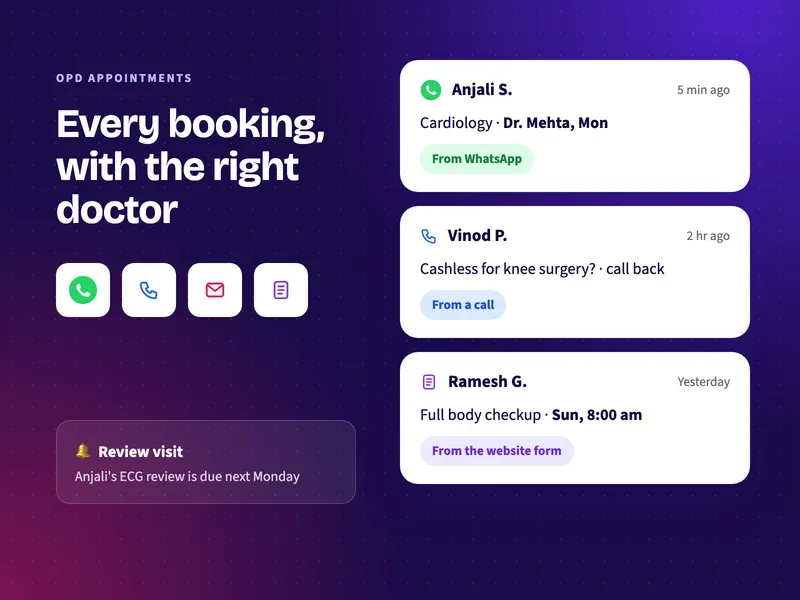 Hospital OPD bookings for cardiology, a cashless insurance query and a full body checkup from WhatsApp, calls and forms in one list