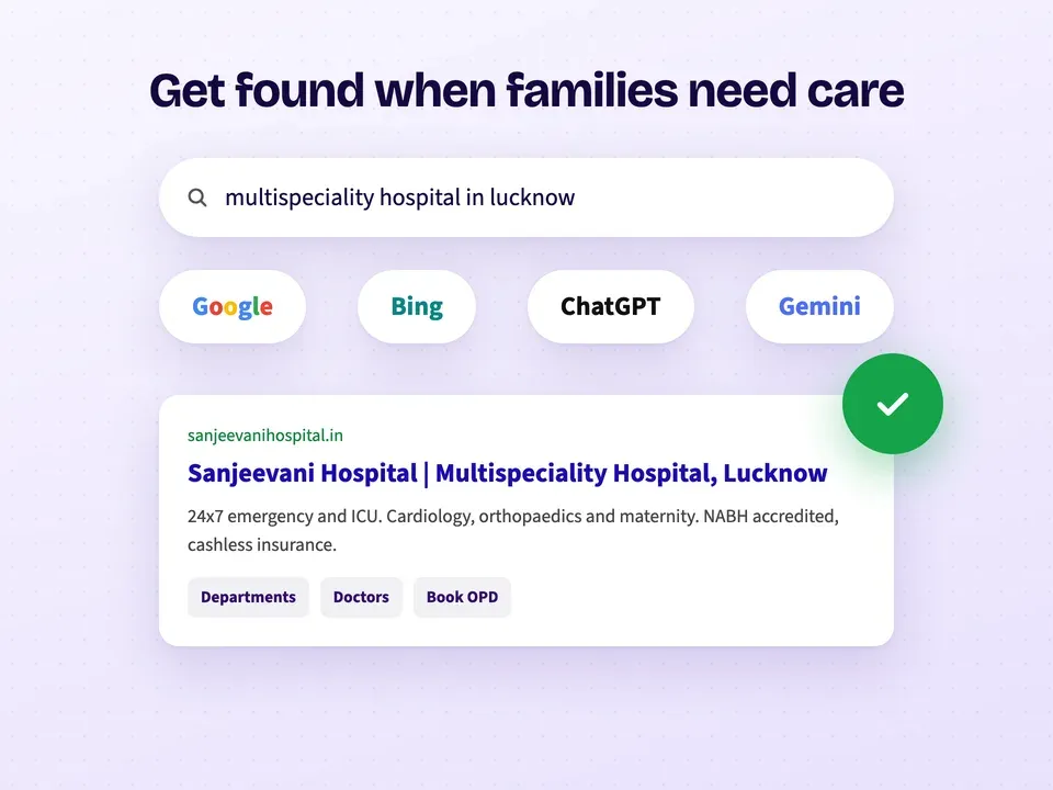 A hospital showing up for "multispeciality hospital in Lucknow" on Google, Bing, ChatGPT and Gemini