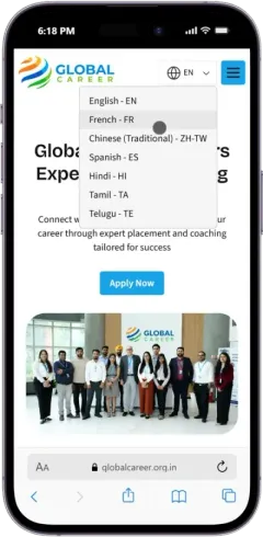Language menu on a website listing English, French, Hindi, Tamil and more