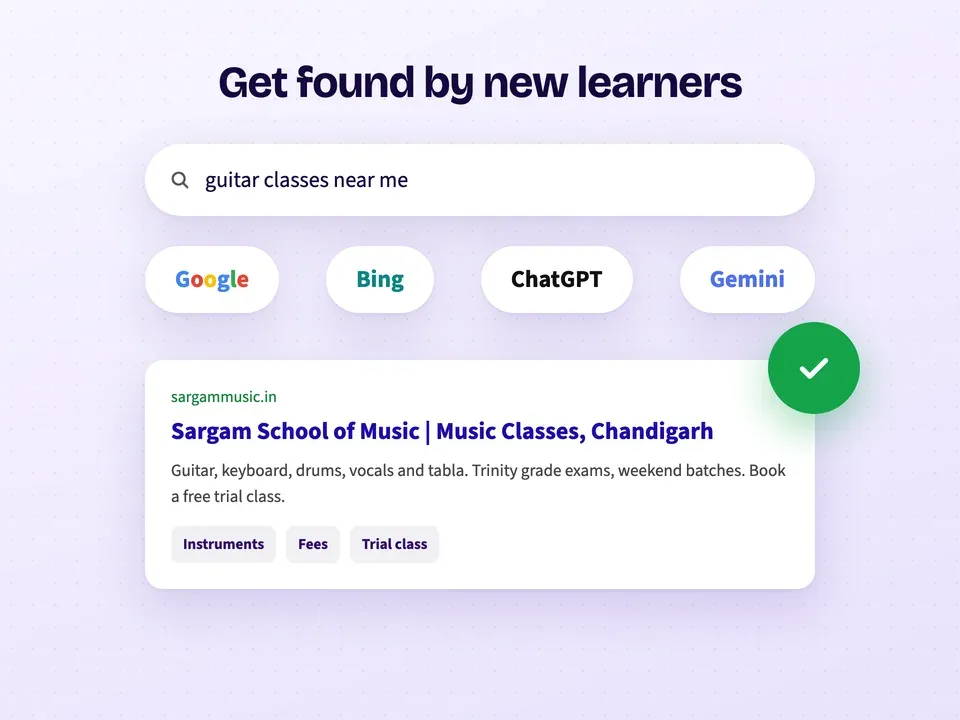 A music school showing up for "guitar classes near me" on Google, Bing, ChatGPT and Gemini
