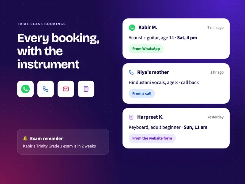 Music school trial class bookings for guitar, Hindustani vocals and keyboard from WhatsApp, calls and forms in one list