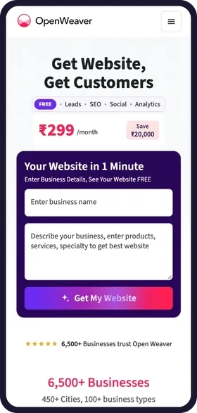 On a phone, Akshara Tuition & Coaching Classes is typed into the Open Weaver form, then tuition for Class 6 to 12, CBSE and MP Board, maths, science, JEE and NEET foundation, small batches of 15, evening batches from 4 pm and Vijay Nagar, Indore are typed into the description