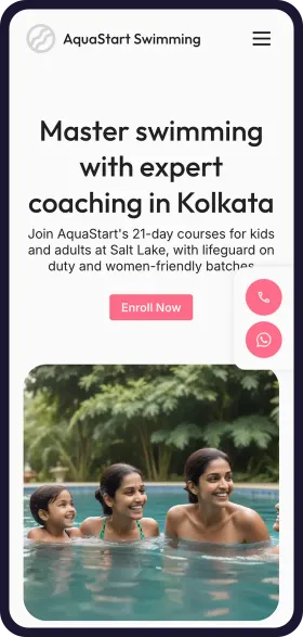 On a phone, the finished AquaStart Swimming School website with the headline Master swimming with expert coaching in Kolkata, an Enroll Now button and a photo of a mother and children in a pool