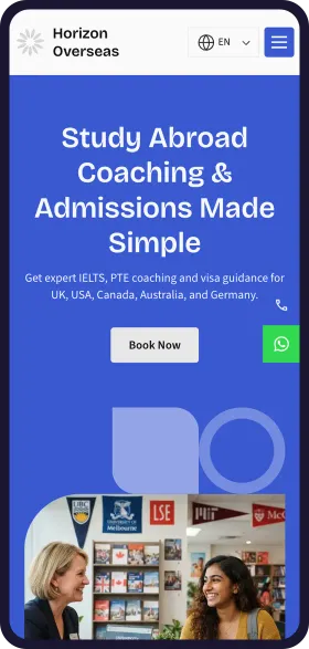 On a phone, the finished Horizon Overseas Education website with the headline Study Abroad Coaching & Admissions Made Simple, a Book Now button and a photo of a counsellor and a student in front of university flags