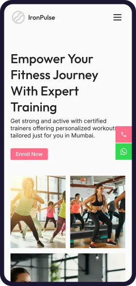 On a phone, the finished IronPulse Fitness website with the headline Empower Your Fitness Journey With Expert Training, an Enroll Now button and group workout photos