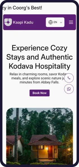 On a phone, the finished Kaapi Kadu Homestay website with the headline Experience Cozy Stays and Authentic Kodava Hospitality and a Book Now button