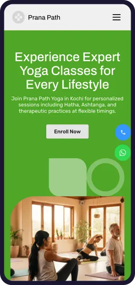 On a phone, the finished Prana Path Yoga website with the headline Experience Expert Yoga Classes for Every Lifestyle, an Enroll Now button and a photo of a class stretching on mats