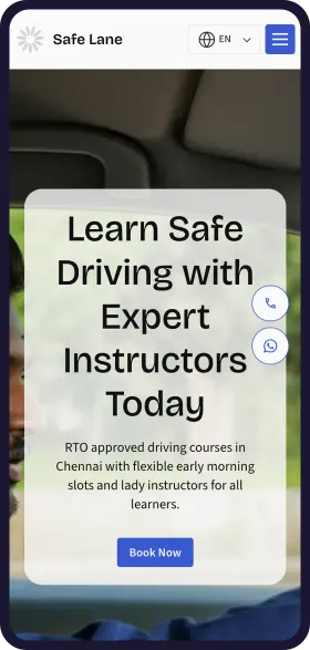 On a phone, the finished Safe Lane Motor Driving School website with the headline Learn Safe Driving with Expert Instructors Today, a Book Now button and a photo of a learner at the wheel